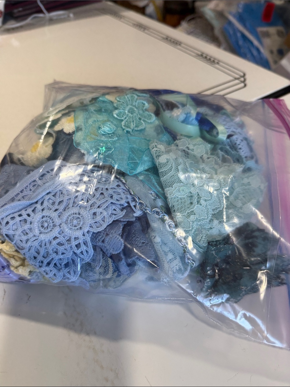 Lot of 54 Yards of Ribbon and Trims in Shades of Blue